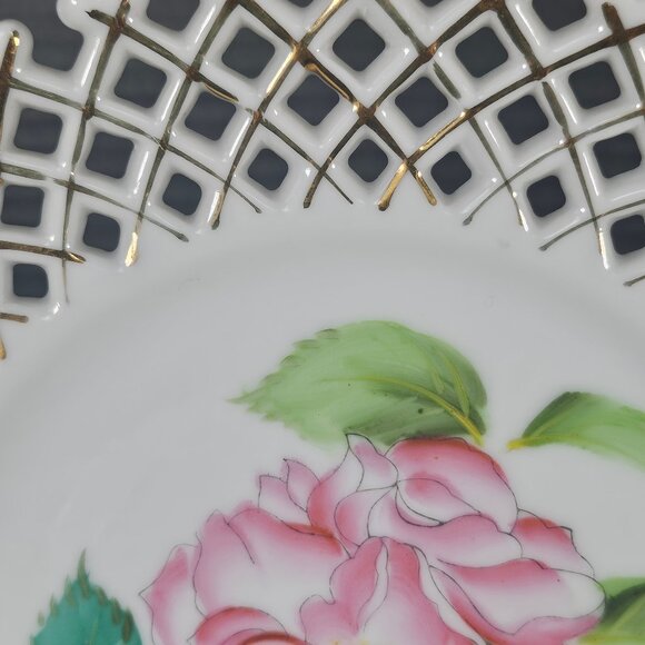 Made In Occupied Japan Decorative Rossetti Pink Floral Plate Lattice Edge - Picture 6 of 10